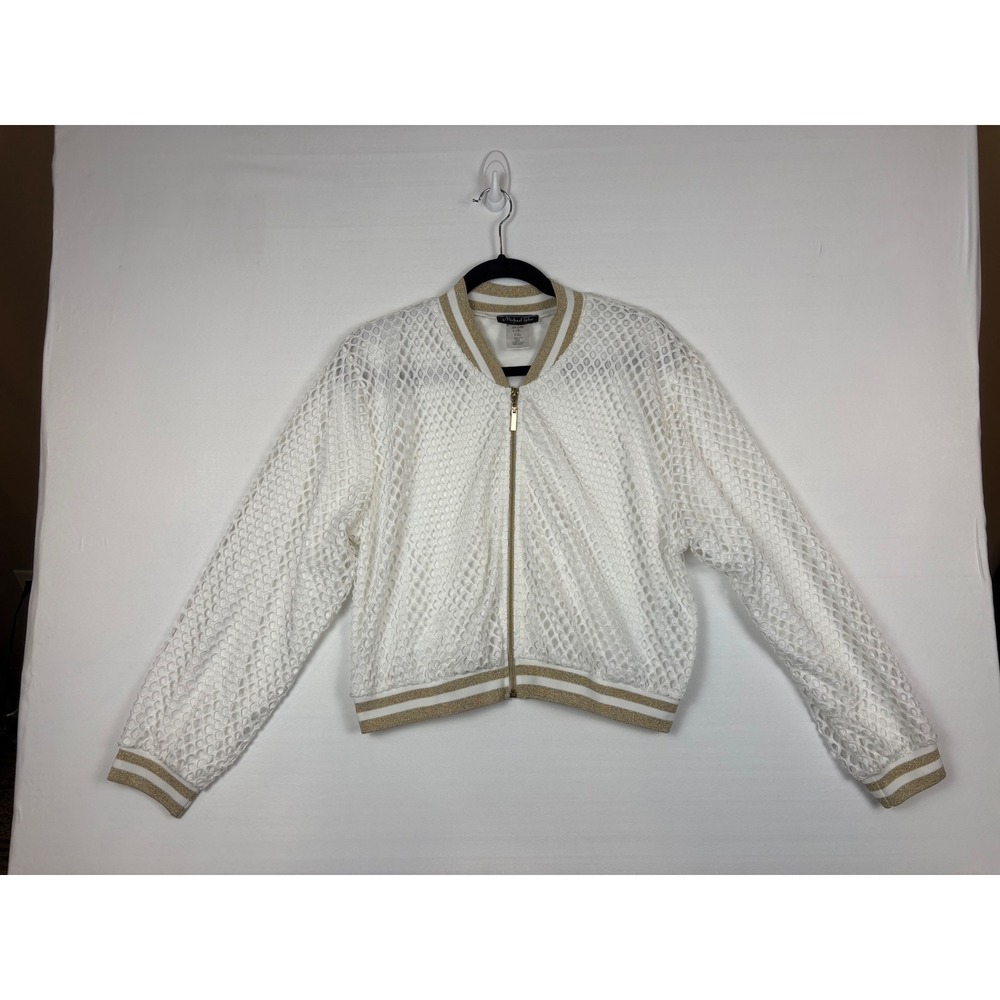Michael Tyler Bomber Jacket Women L White Gold Mesh Zip Up Sporty Striped Trim